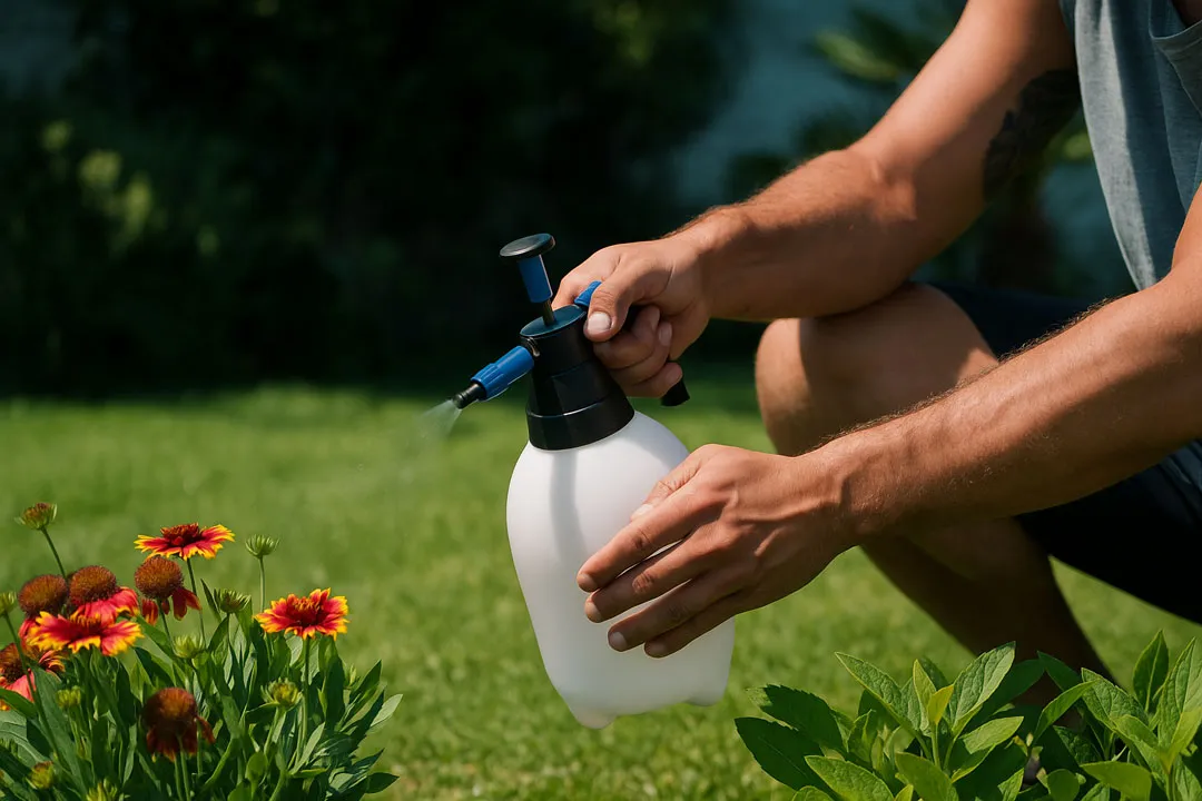 Trattamento fitosanitario su piante di un giardino
